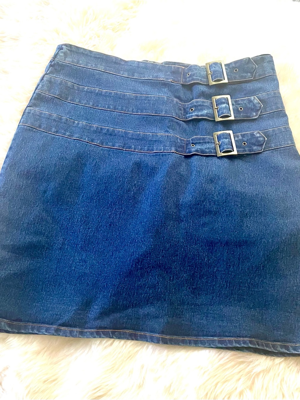 Vintage 90s Y2K Jukebox Plus Denim Mini Skirt Size 18 Triple Buckle Hardware